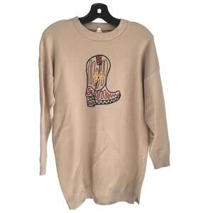 Dreamers by Debut Women's Beige Sweater with Embroidered Cowboy Boot Design - M